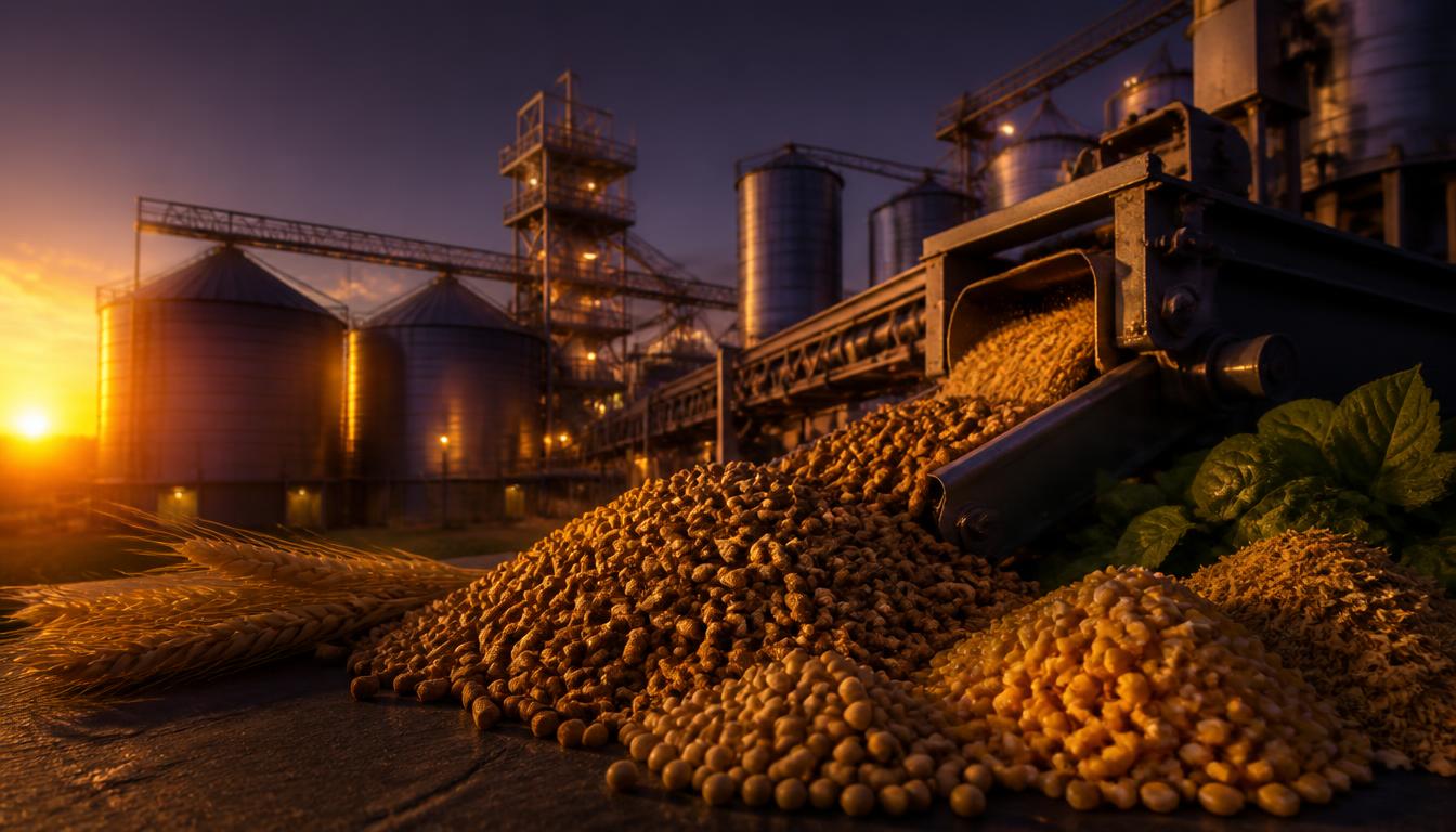 Modern feed mill at sunset with compound feed pellets, grains and soybeans — FeedMatchGroup animal feed sourcing platform