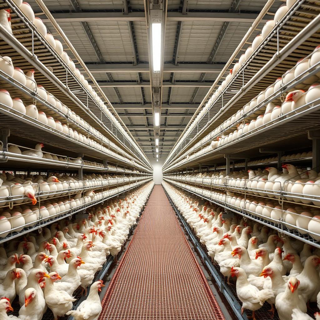 Interior of an enriched colony layer farm with automated egg collection in Saudi Arabia.