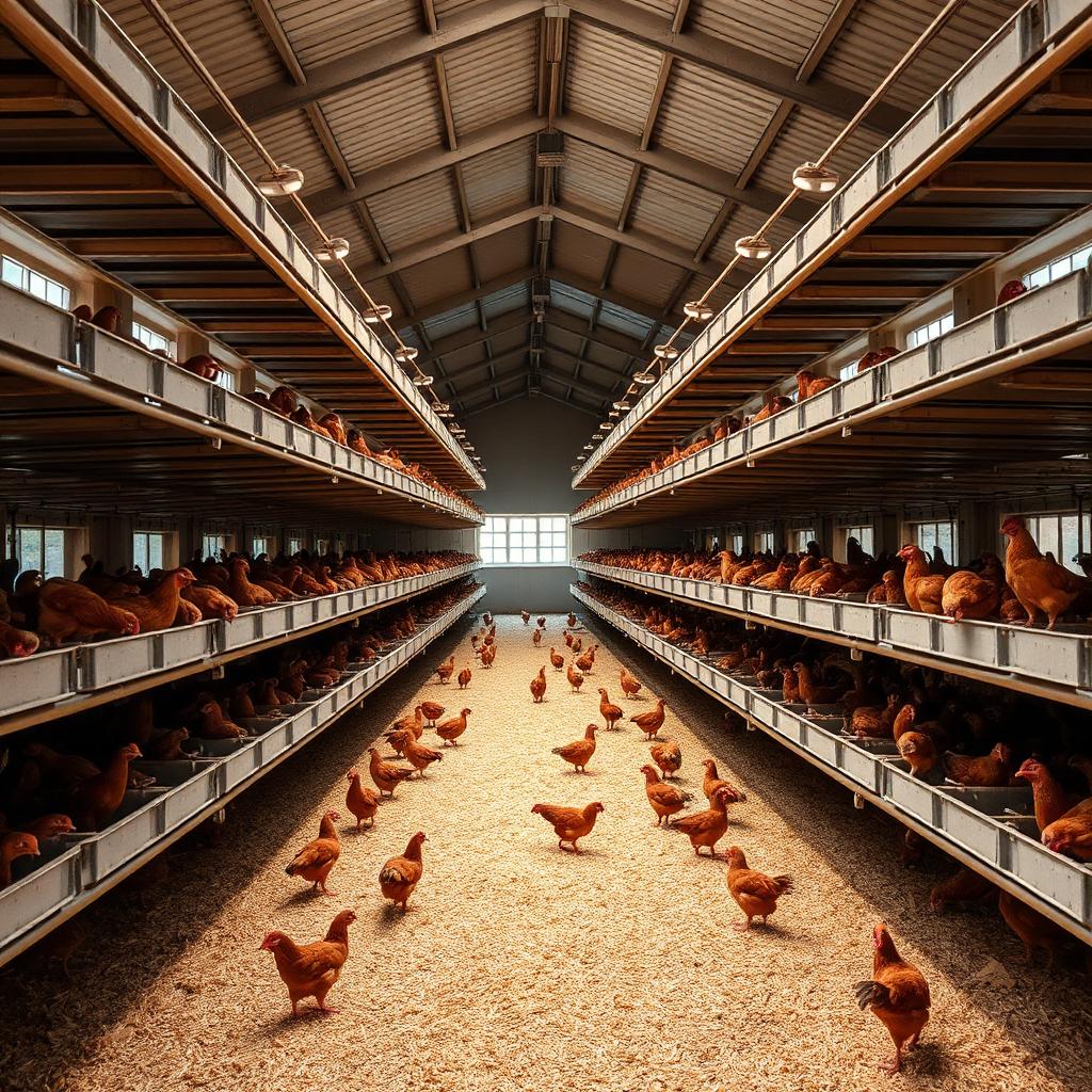 Cage-free aviary layer barn interior with brown hens in Spain.