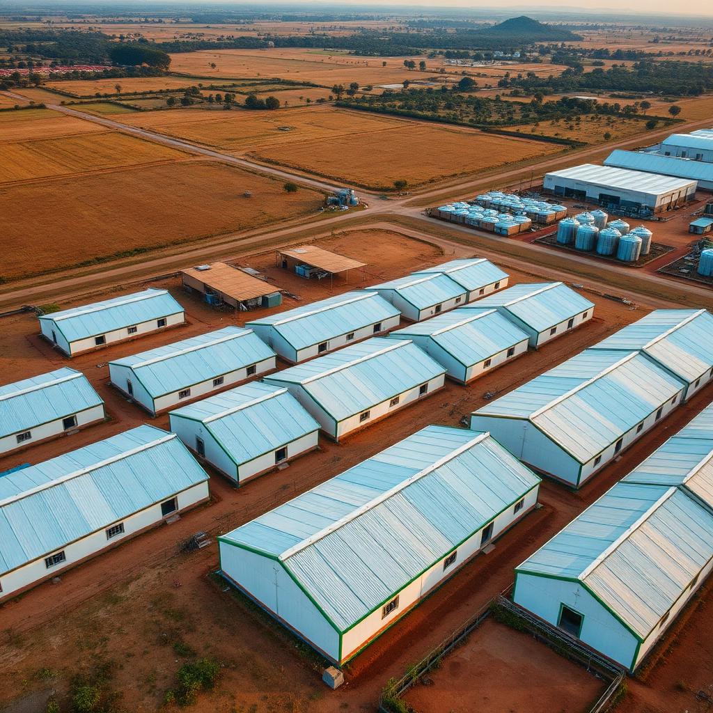 Aerial view of a turnkey greenfield broiler farm in Kenya with feed silos.