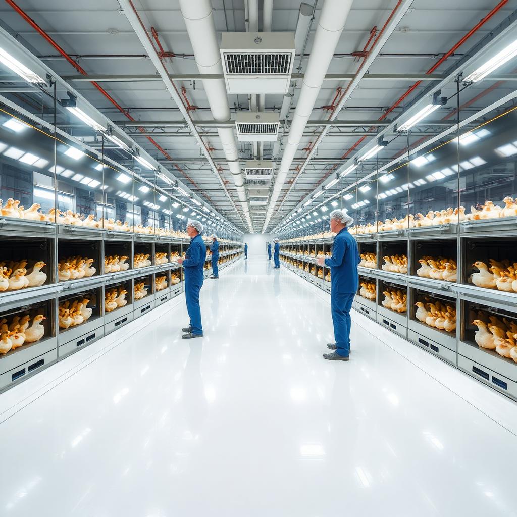Industrial single-stage hatchery interior with setter incubators in Vietnam.