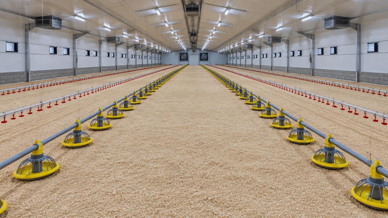 Empty broiler house before placement with pan feeder lines, nipple drinker lines and fresh litter