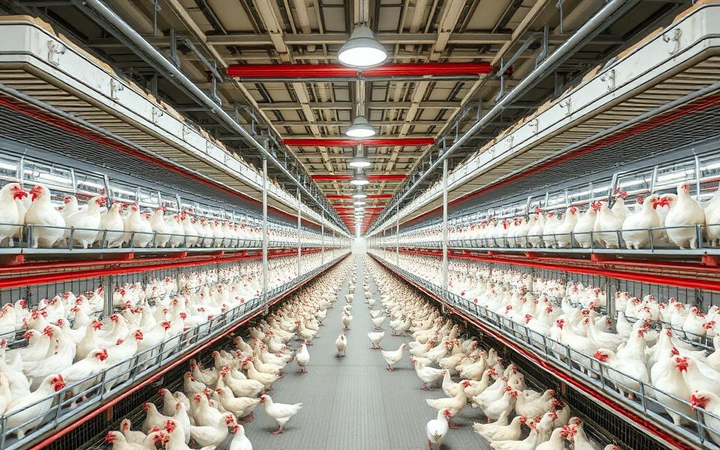 Interior of a 500,000-hen enriched colony layer farm with automated egg collection in Egypt.