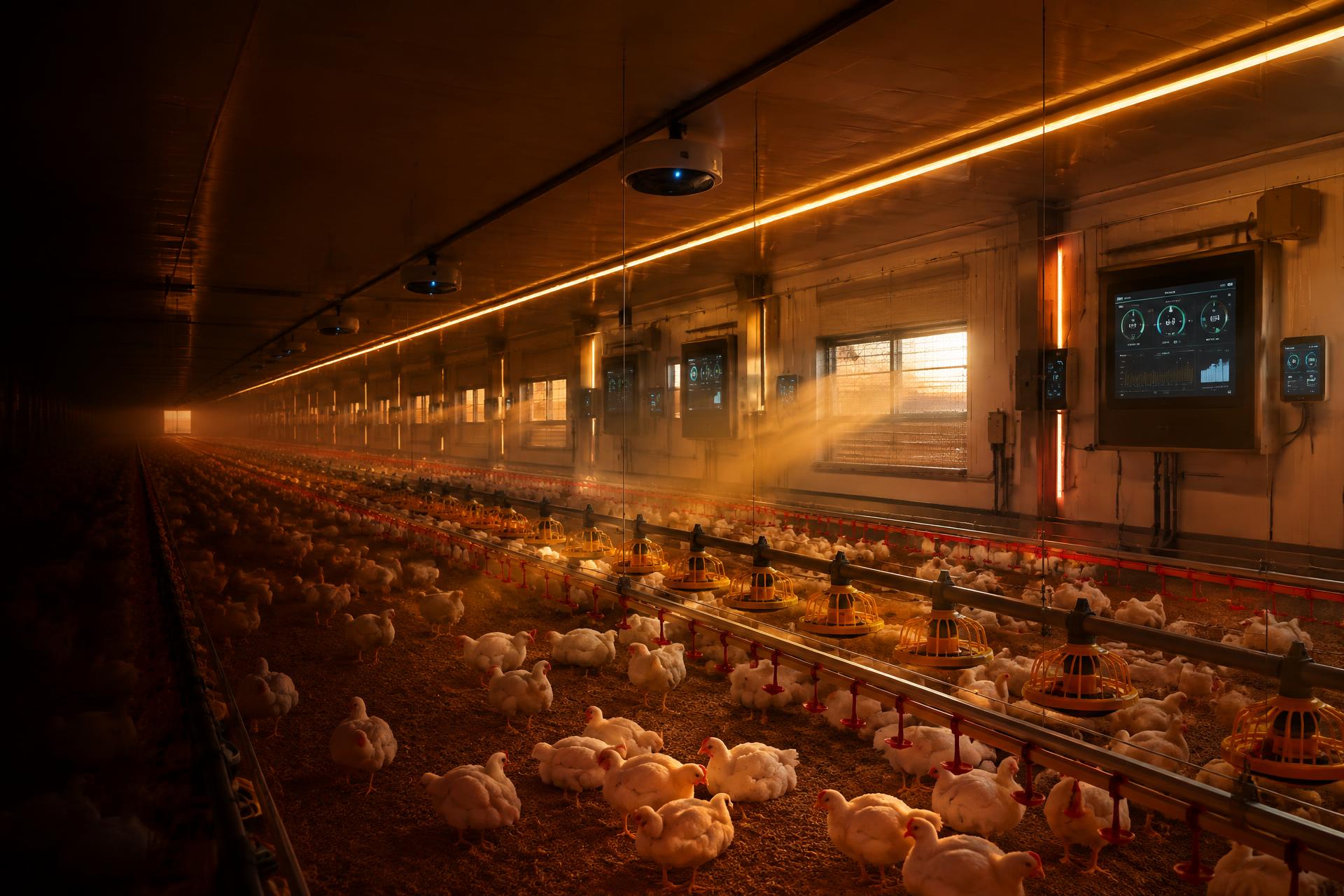 Modern climate-controlled poultry houses with solar panels on the roofs, grain silos, ventilation fans and feeding equipment, and chickens on green grass at sunset.