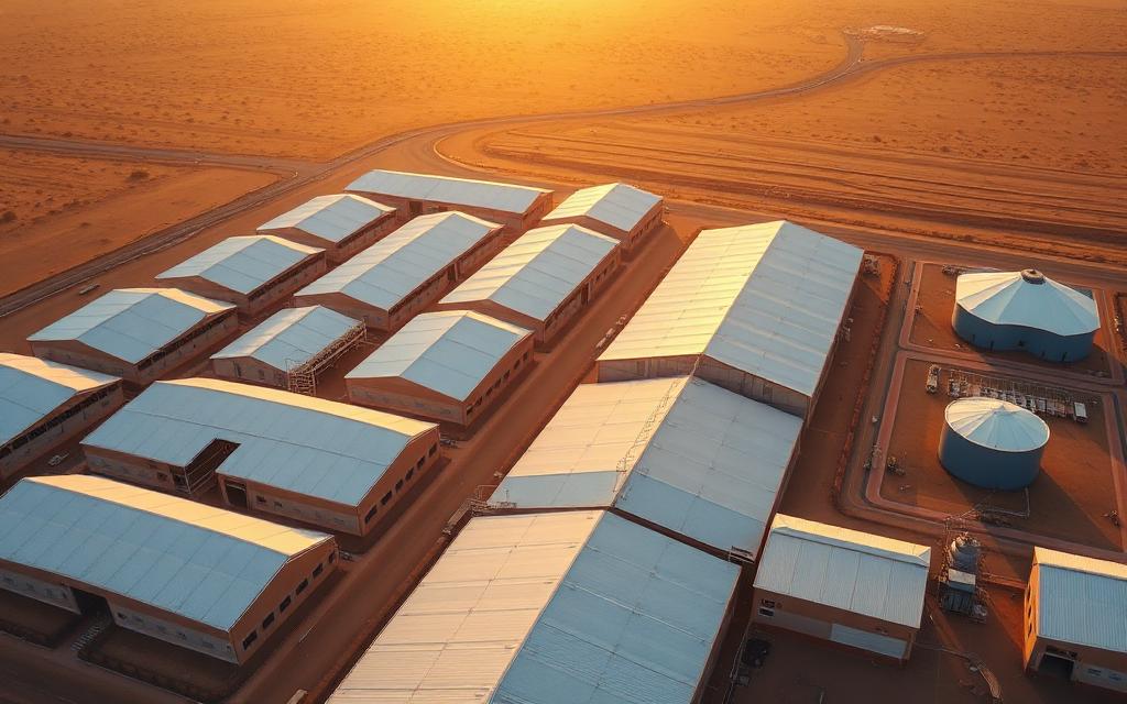 Aerial view of an 8-house tunnel-ventilated broiler farm complex in Morocco at sunset.